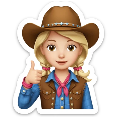 little girl dressed as a cowgirl giving a thumbs up sticker
