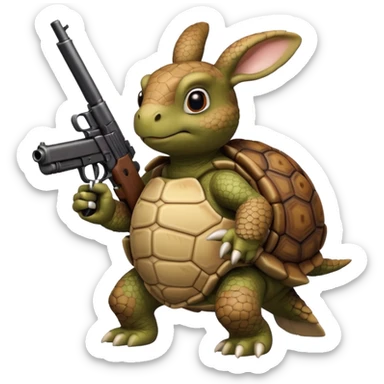 Turtle with a rabbit on its back that has a gun sticker