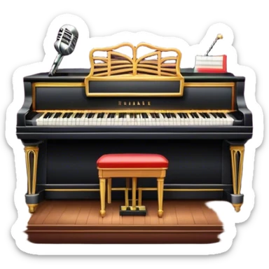 Emoji of the American musical: a retro stage with neon lights, a classic microphone on stage, vintage piano, musical notes, vintage theater curtains, and Broadway-style elements. Avoid focusing solely on the piano. Transparent background. sticker