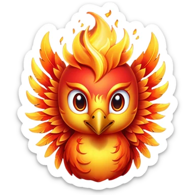 Cinematic Cute Mystical Fire Phoenix Portrait Emoji, Head tilted playfully and inquisitively, showcasing a vibrant, flame-kissed form with intricately detailed feathers in warm shades of red, orange, and shimmering gold, accented by delicate sparks and a gentle, inviting glow; rendered with lifelike detail and soft, radiant light, high shine, enchanting and spirited, styled with a touch of mythic whimsy, soft glowing outline, capturing the essence of a mischievous yet endearing phoenix poised to flutter playfully into your heart! sticker
