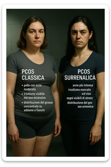 Illustrazione verticale realistica e cinematografica in italiano: a sinistra una donna con PCOS classica, a destra una donna con PCOS surrenalica. Differenze visive nei sintomi come acne, irsutismo, distribuzione del grasso, segni di stress. Atmosfera clinica con luci drammatiche. Didascalie in italiano. Aspect ratio 2:3. sticker