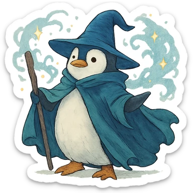 ghibli style penguin wizard with a flowing cloak and magical aura sticker