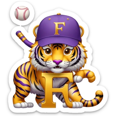 Purple and gold tiger mascot with baseball hat on with letter F  sticker