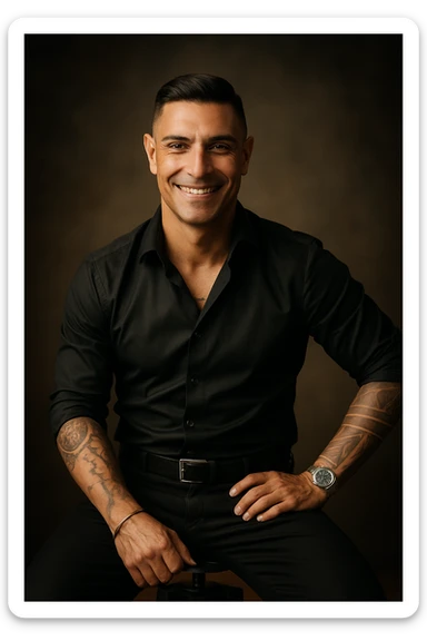 Realistic and cinematic style portrait of a man conveying physical and mental well-being: open posture, authentic smile, relaxed and bright gaze, details suggesting positive energy and inner harmony. Aspect ratio 2:3. sticker