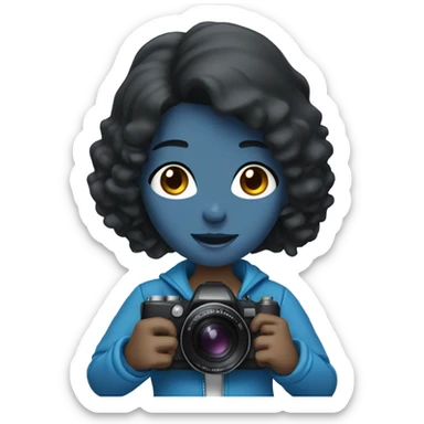 a girl with black hair, in a blue jacket, holding a camera in her hands sticker