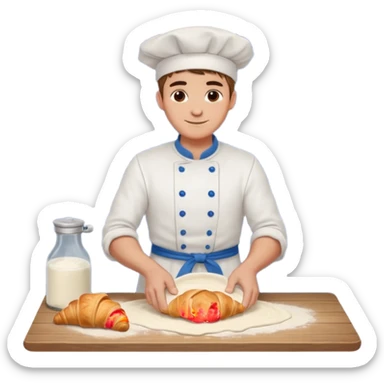 Young male baker – rolling croissant dough on a wooden table, flour on clothes

 sticker