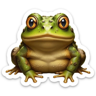 Cinematic Noble Toad Portrait Emoji, Poised and earthy, with a stout, robust build covered in textured, warty skin in warm, natural tones and deep, observant eyes, Simplified yet sharp and sophisticated features, highly detailed, glowing with a soft, natural mossy glow, high shine, intelligent and grounded, stylized with an air of rustic authority, focused and steady, soft glowing outline, capturing the essence of a watchful amphibian guardian that appears ready to leap out of the screen with effortless command! sticker