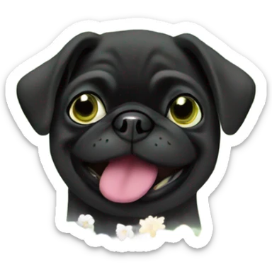 Black pug , surrounded by flowers, holding a green sign that says “good luck”  sticker