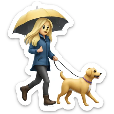 Blonde girl walking dog under the rain sticker