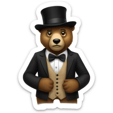 A animatronic bear with a black hat and a black bow tie sticker