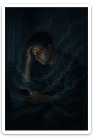 a man sits alone in a dimly lit room at night, illuminated only by the glow of a computer or phone screen. His posture is slouched, and his expression is tired and troubled. Around him, faint, ghostly chains or shadows subtly wrap around his body, symbolizing addiction and emotional distress. The background is blurred, emphasizing isolation and discomfort. in italiano sticker
