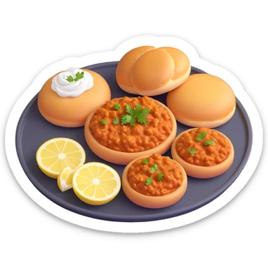 Isometric 3D pav bhaji emoji on steel plate, thick bhaji with butter, two pav buns, onions, lemon wedge, vibrant, shiny, soft shadows, warm plain background sticker