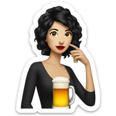 a woman with wacky black hair and red lips drinking a beer sticker