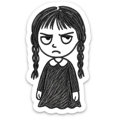 gothic girl, moody expression, black dress, textured lines, hand drawn sketch style sticker