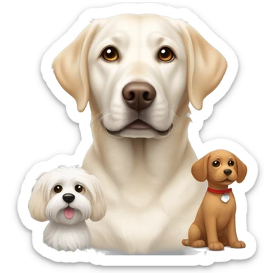 White Labrador next to a red goldendoodle, next to a gray and white puggle, next to a white havanese  sticker