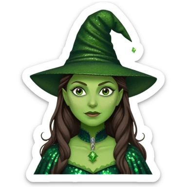 Elphaba, Wicked Witch of the West from The Wizard of Oz with long brown hair, dark green sequin outfit, green skin sticker