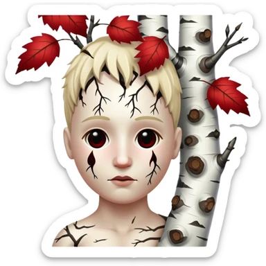 happy white head made of birch tree with lack marks and red leaves sticker