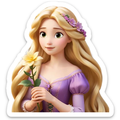 Cinematic Realistic Rapunzel Portrait, with porcelain-like skin featuring a subtle, natural glow, illuminated by soft lighting that brings out the gentle contours of her face. Her long, golden blonde hair cascades in detailed waves, each strand highlighted with a radiant shimmer as it catches the light. She playfully holds a flower in one hand, her other hand resting casually in her lap, with a warm and spirited expression. Her bright, expressive green eyes exude curiosity and warmth, framed by delicate lashes and soft, arched brows. She is dressed in her classic lavender and pink gown, the fabric textured with delicate folds that flow naturally, catching the light with a soft, radiant glow. The portrait captures a luminous, enchanting aura, seamlessly blending realism with a whimsical, fairytale charm, evoking a timeless sense of beauty and magic. sticker