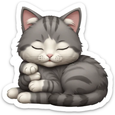 dark grey and white small cat with closed eyes, leaning his head on his paw while leaning on his elbow lying down sticker