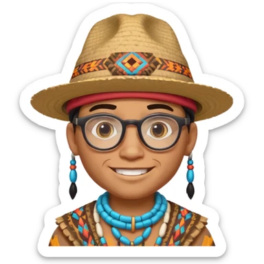 cute Indigenous tribal male character portrait, head and shoulders only, wearing glasses, stylish hat, friendly smile, colorful tribal patterns, 3D cartoon, mobile game icon style, clean background, no text, no watermark
 sticker