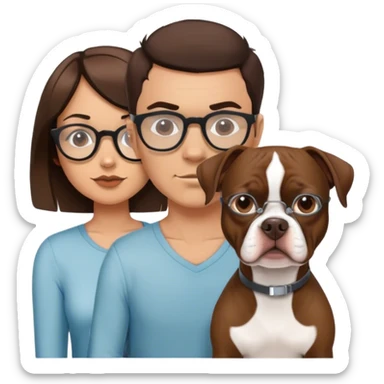 brunette hipster man w wire glasses and brunette girl with bob and a brown pitbull boston terrier  sticker