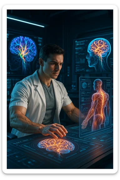 "Neuroscientist using advanced visualization to reprogram muscle development pathways, brain scans showing neural networks firing to stimulate muscle growth, expression of scientific breakthrough, his body responding to optimized mental training protocols, muscle memory being created without physical movement, consciousness hacking biological systems for muscle development" sticker