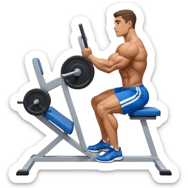 side-view bodybuilder in blue shorts seated weighted calf-raise machine on his tip toes sticker