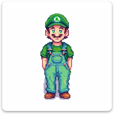 Luigi character in classic green hat and overalls, pixel art style sticker