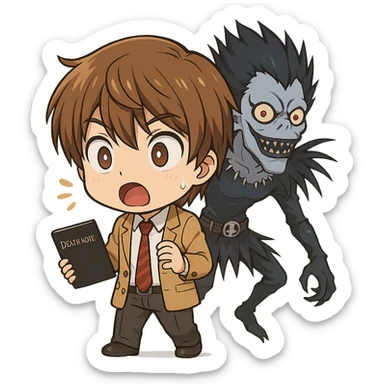 chibi style Light Yagami from Death Note surprised expression, Ryuk in the background, brown hair, school uniform sticker
