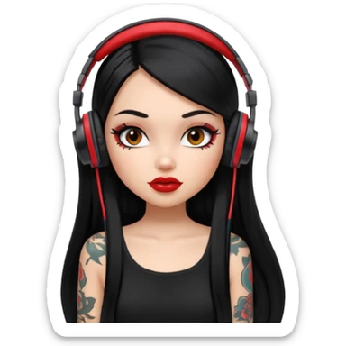 generate a pretty bratz girl with black long straight hair and headphones on, tattoo on shoulder, eyeliner on sticker