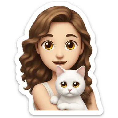 A girl with brown hair is holding a white fluffy cat with different eyes sticker