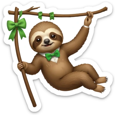 cute swinging Sloth on stick, green bow tie sticker