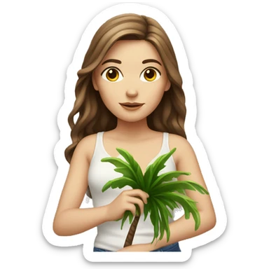 White girl with brown hair carrying a small palm tree sticker