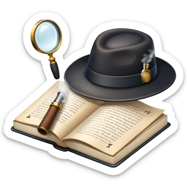 Icon for Detective Reading: an open book with text and a magnifying glass, a detective’s hat and a notebook with clues, surrounded by dark shadows and mysterious elements like footprints and a smoking pipe. Transparent background. sticker