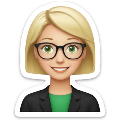 blonde teacher with short hair and green eyes and black glasses smiling sticker