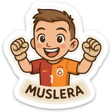 Muslera wearing goalkeeper gloves and Galatasaray jersey, smiling energetically, cartoon style sticker