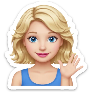 Girl Blonde short wavy hair,  blue eyes, cute blue top, long lashes, pink lips, smiling, one hand 🤷🏼‍♀️  sticker