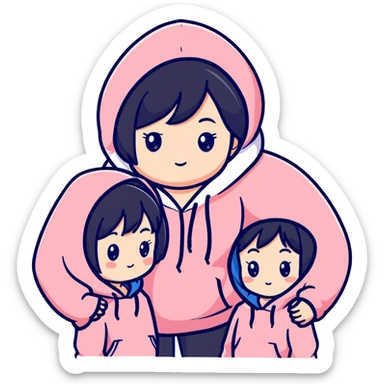 Two adorable Japanese girls with black hair wearing casual Western clothing like hoodies or blouses, their cheeks touching, kawaii style sticker