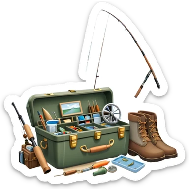 Icon for Fishing: a boat on the shore of a peaceful water body with a beautiful natural landscape, a fishing tackle box, a spinning rod, and boots nearby. The icon should capture the tranquility and gear of a fishing adventure. Transparent background. sticker