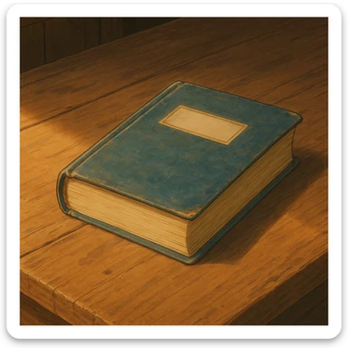 realistic ghibli style illustration of a book on a wooden table sticker