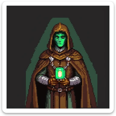 S'pht compiler from Marathon M1 (1994) in brown cloak, green light, metal mantle pauldron, vintage polaroid screenshot, retro game-inspired feel, soft aged photo look sticker