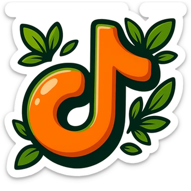 Super plump, smooth TikTok logo, cartoon style, thick black outline, expressive shadows, glossy highlights, surrounded by bright leaves, no background. Emphasize rounded shapes, contours, and shine, matching the reference style. sticker