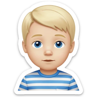 Toddler boy with blonde hair and blue eyes with a white and blue striped shirt on sticker
