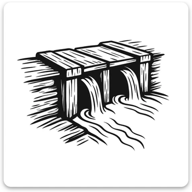 old wood dam with canal water, black doodle style sticker