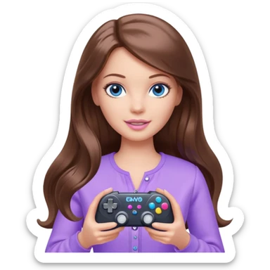 beautiful barbie girl with long brown hair, blue eyes and wearing light purple clothes playing console games with controller sticker