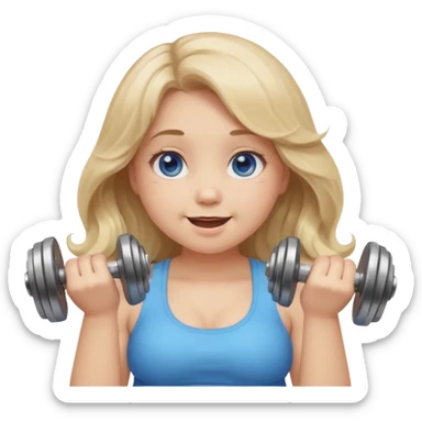 Kawaii emoji girl with big  blue glossy eyes, long wavy dirty blonde hair, happy expression, holding a dumbell, chubby cheeks, soft pastel colors, cozy and sweet aesthetic, clean background. sticker
