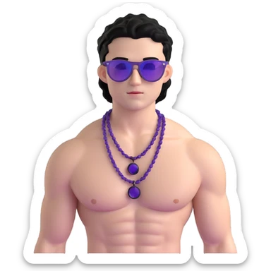 shirtless male athlete with white skin and moderately curly black hair on top with shaved sides, wearing purple sunglasses with black tinted lenses and a shiny black necklace sticker
