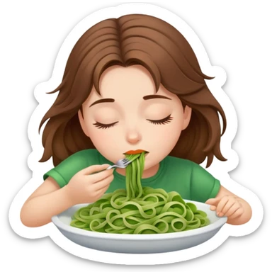 Brown haired girl eating green pasta totally asleep sticker
