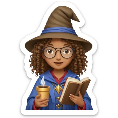 A Joyful child Female with Brown skin and Curly hair, wearing a Traditional outfit, a Wizard hat, Sunglasses, carrying a Spellbook, working as a farmer, while drinking Coffee and reading a Textbook. sticker