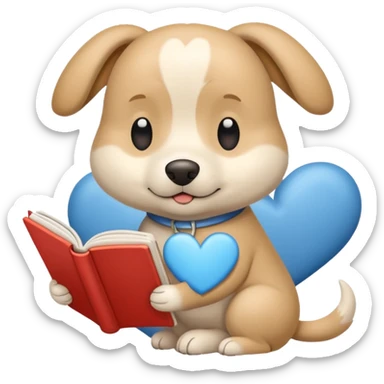 Beige dog reading a sky color book And a big white heart on the back sticker